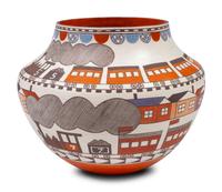 Polychrome Pottery Jar, with Trains