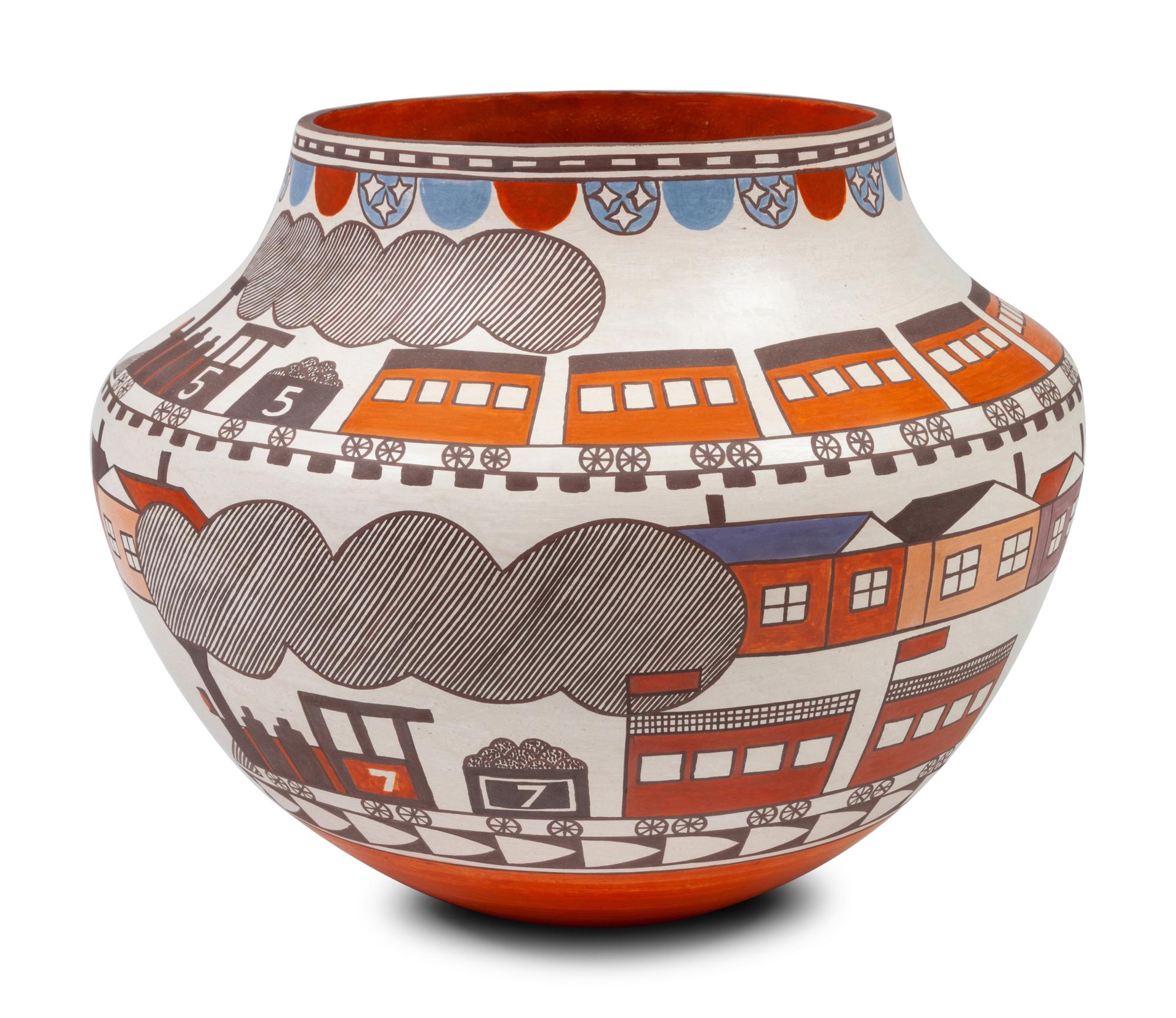 Polychrome Pottery Jar, with Trains