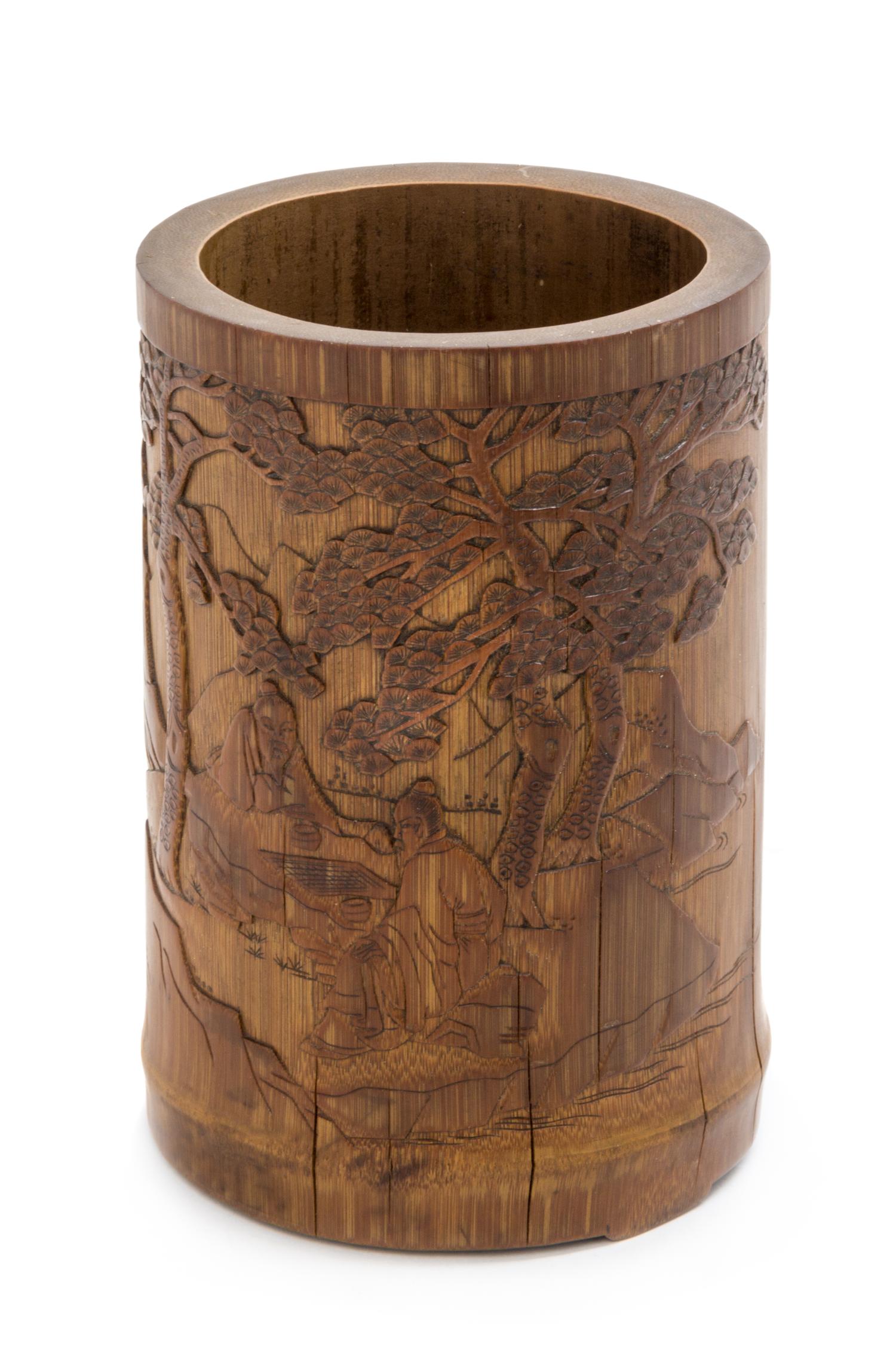 A Chinese Carved Bamboo Brushpot Height 7 inches.