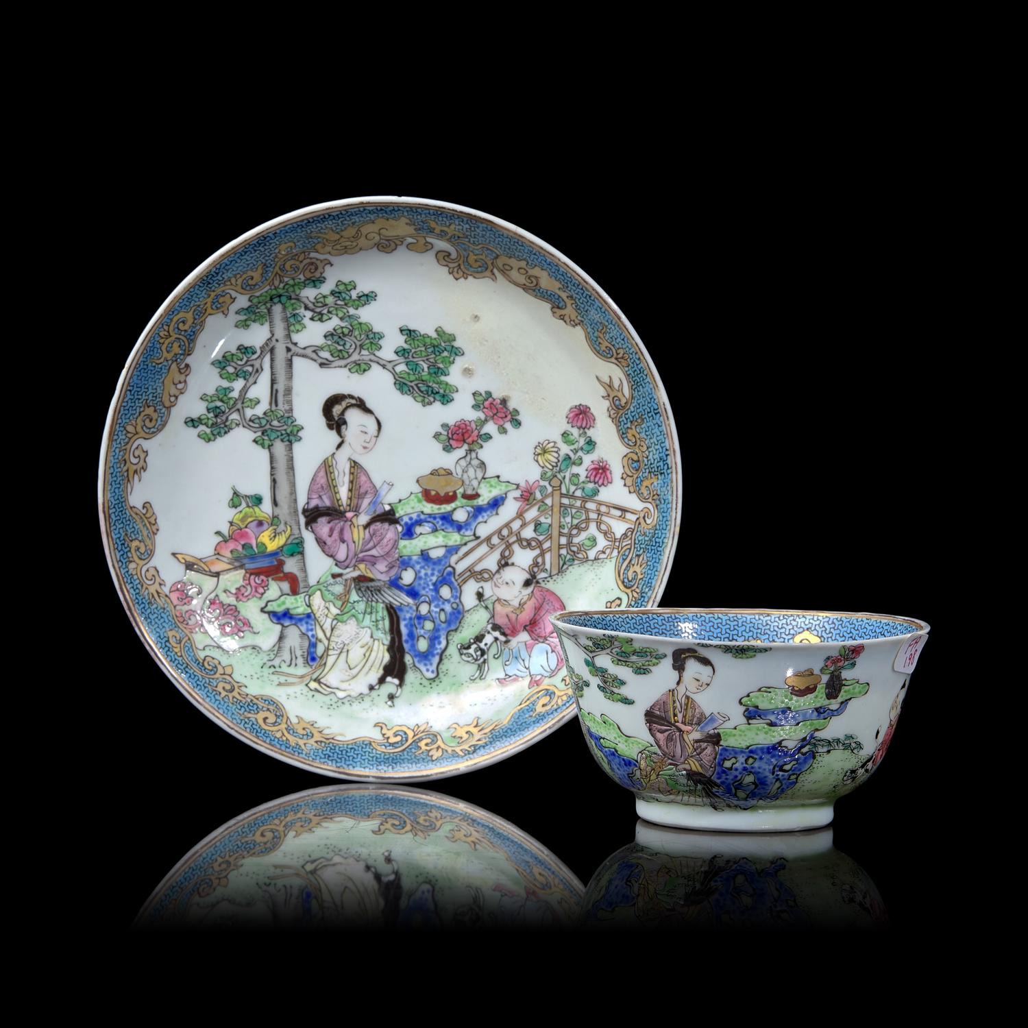 A Chinese Export Famille Rose Porcelain Tea Bowl and Saucer, ex. Garland and Morgan Collections, 18th Century 清中期 粉彩人物圖杯碟 Garland及摩根收藏