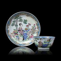 A Chinese Export Famille Rose Porcelain Tea Bowl and Saucer, ex. Garland and Morgan Collections, 18th Century 清中期 粉彩人物圖杯碟 Garland及摩根收藏