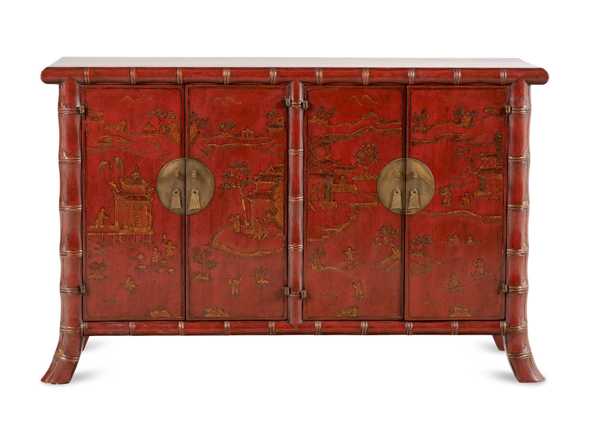 A Burton-Ching Ltd. Red Japanned Side Cabinet
