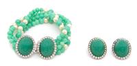 A William de Lillo Jade and Faux Pearl Multistrand Parure, Necklace: 24"; Bracelet: 8" x 1"; Earclips: 1" x .75".