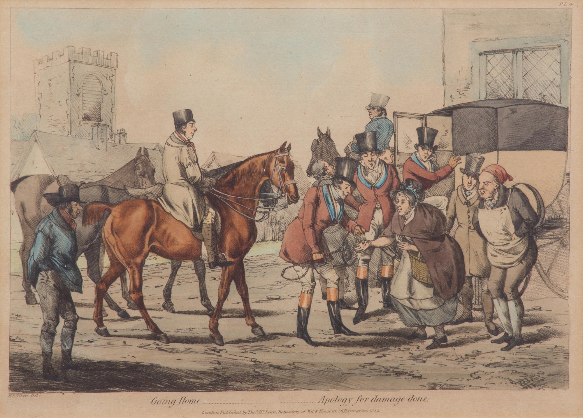 Henry ALKEN, after Plate 8 3/4 x 12 1/2 inches. — Going Home - Going to the Hunt - Throwing Off - In Full Cry