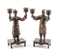 A Pair of French Patinated Bronze Figural Two-Light Candelabra Height 9 3/4 inches. — LATE 19TH CENTURY