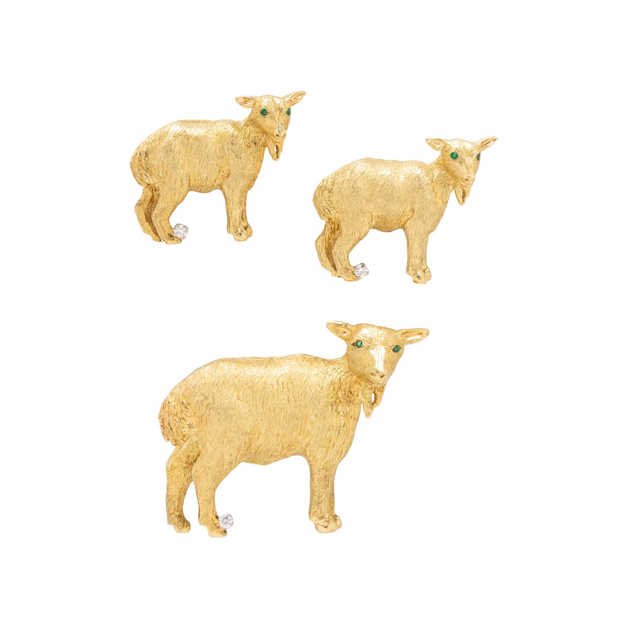 COLLECTION OF YELLOW GOLD AND DIAMOND GOAT BROOCHES