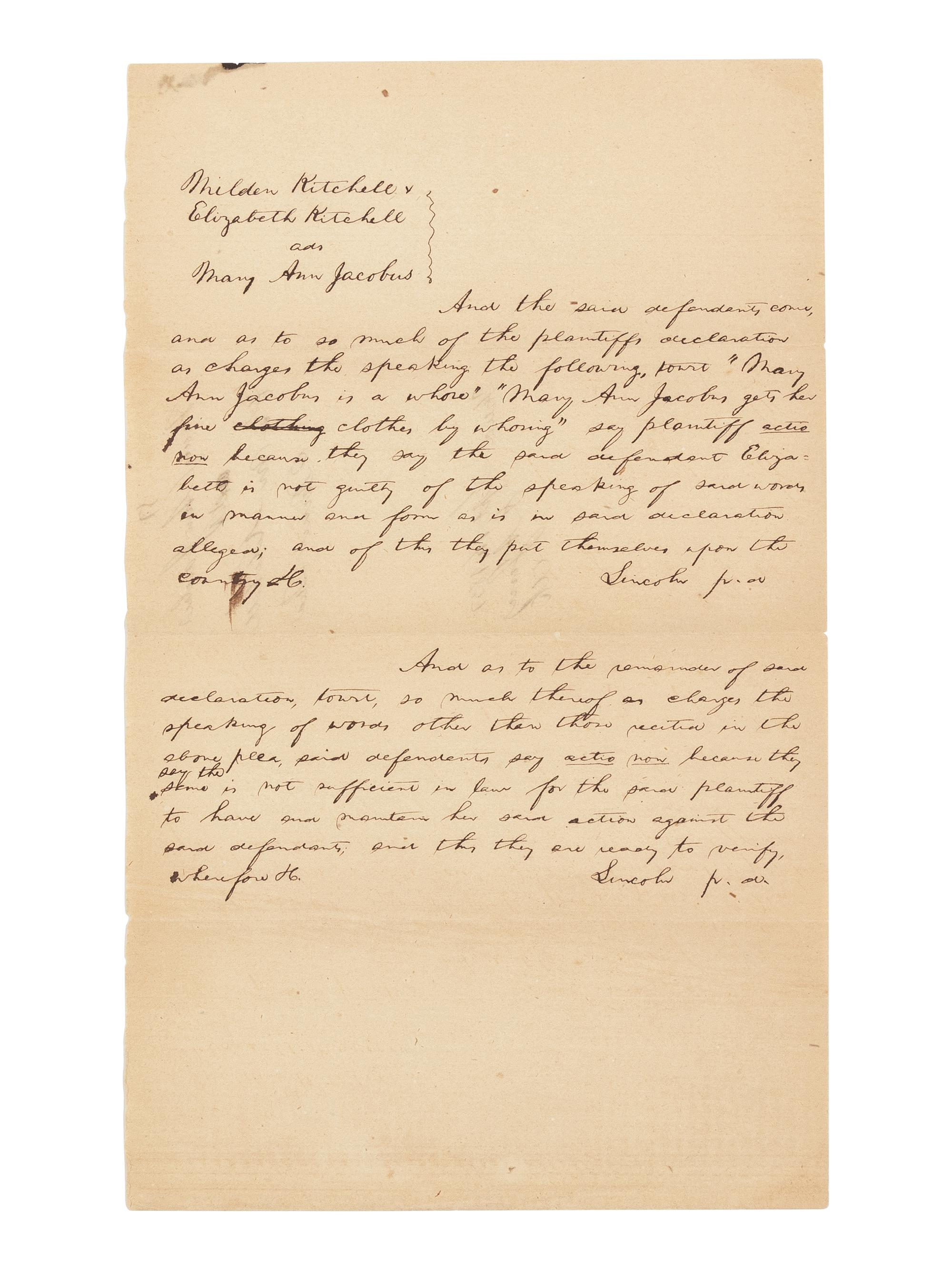LINCOLN, Abraham (1809-1865). A group of 3 autograph documents in Lincoln's hand relating to the legal case Mary Ann Jacobus vs. Kitchell & Kitchell. Tazewell County, Illinois, 1851.