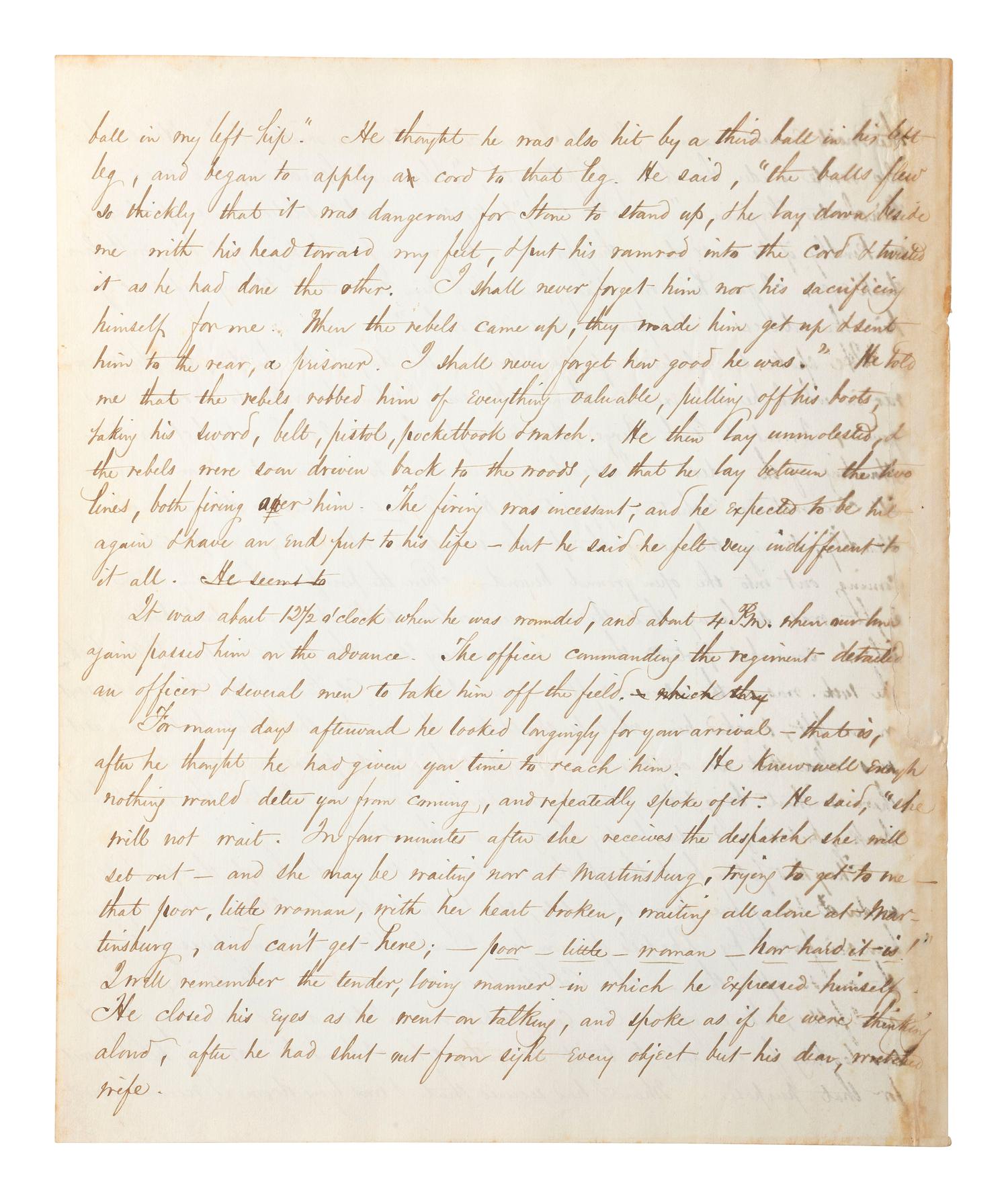 [CIVIL WAR]. THAYER, William Henry. Autograph letter signed ("Wm. Henry Thayer") as regimental surgeon, 14th New Hampshire Infantry, describing the wounding, treatment, and death of his fellow soldier Colonel Alexander Gardiner who was mortally injured at the Battle of Opequan. Winchester, VA, 9 October 1864.