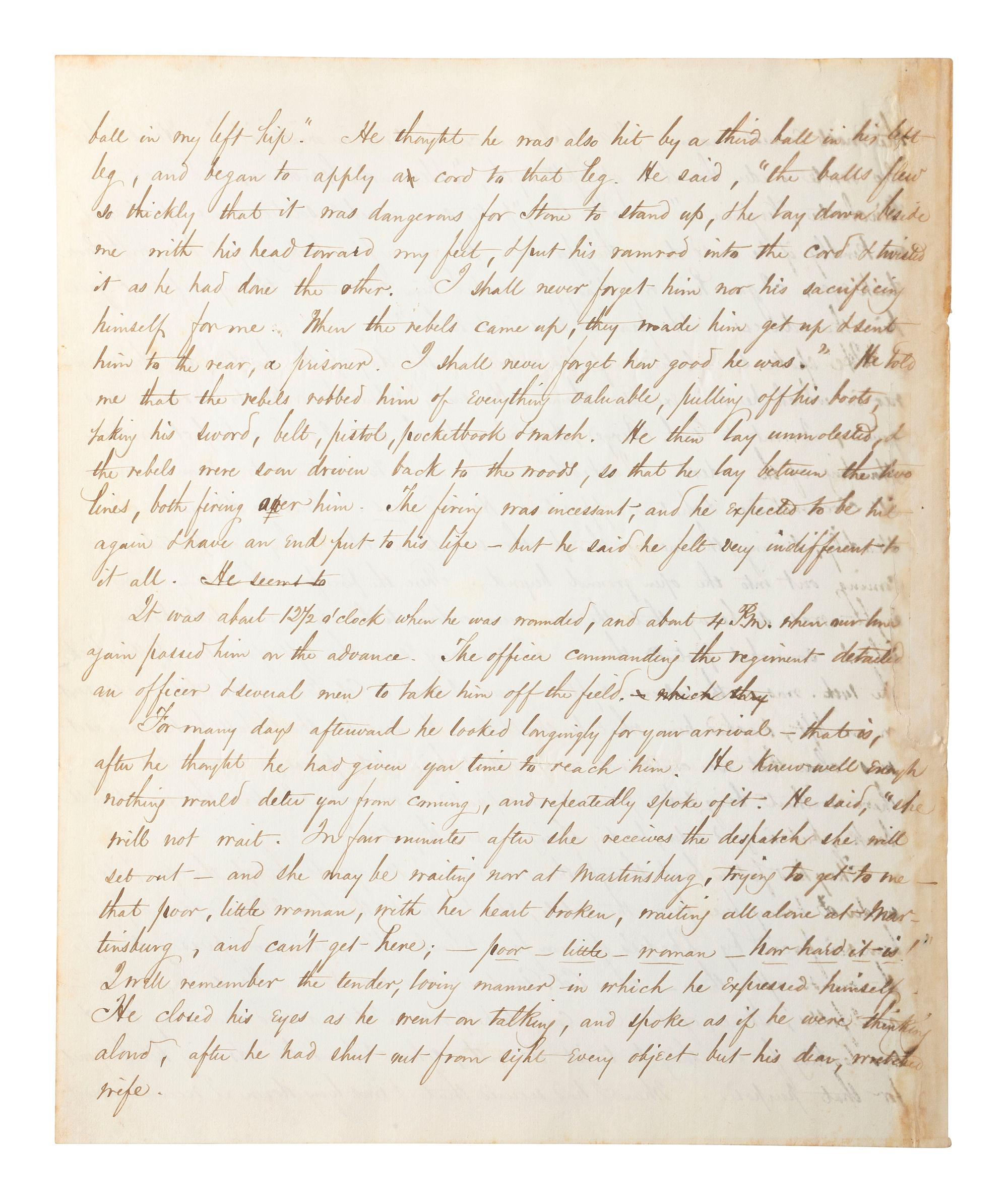 [CIVIL WAR]. THAYER, William Henry. Autograph letter signed ("Wm. Henry Thayer") as regimental surgeon, 14th New Hampshire Infantry, describing the wounding, treatment, and death of his fellow soldier Colonel Alexander Gardiner who was mortally injured at the Battle of Opequan. Winchester, VA, 9 October 1864.