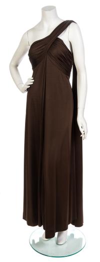 An Estevez Brown Jersey Single Shoulder Gown,