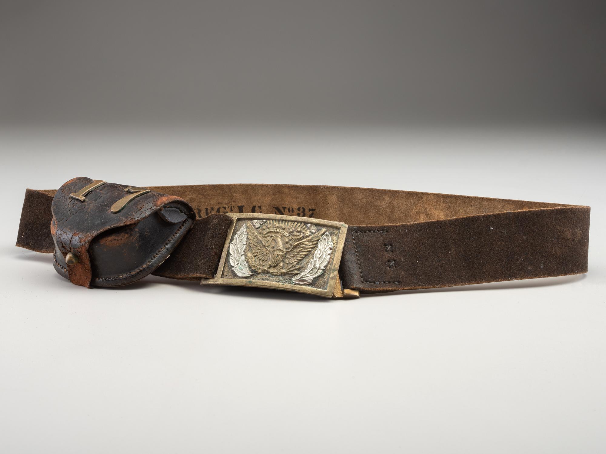[CIVIL WAR]. Non-commissioned officer's belt equipped with a Model 1851 enlisted sword belt plate and cap pouch, identified to Company G, 17th Regiment, Invalid Corps.