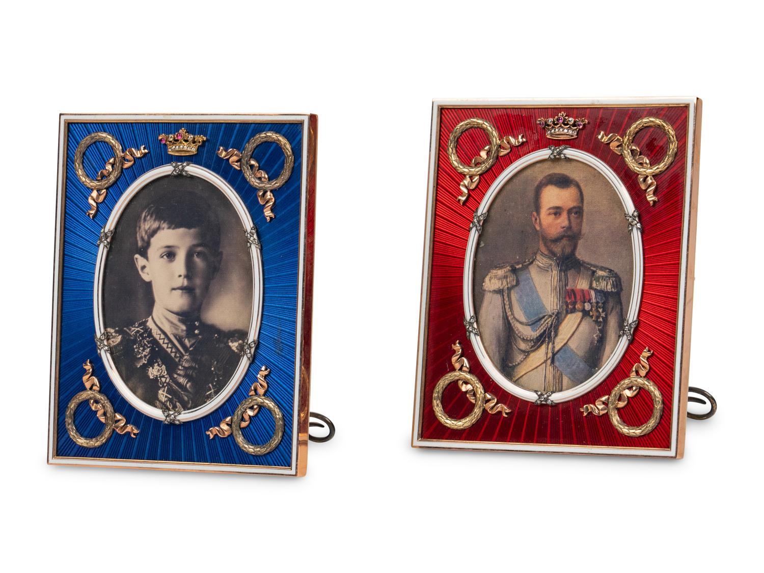 A Pair of Guilloché Enamel, 14k Vari-Color Gold, Diamond, and Cabochon-Mounted Picture Frames