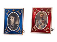 A Pair of Guilloché Enamel, 14k Vari-Color Gold, Diamond, and Cabochon-Mounted Picture Frames