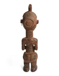 Two Luba Wood Figures with a Carved Animal Horn