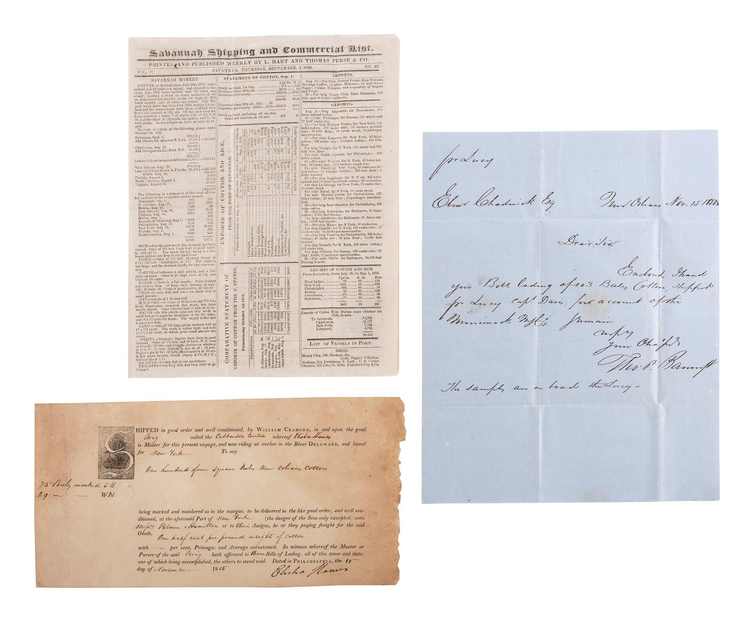 [AGRICULTURE - COTTON.] A group of three early 19th-century documents related to Southern cotton production, comprising: