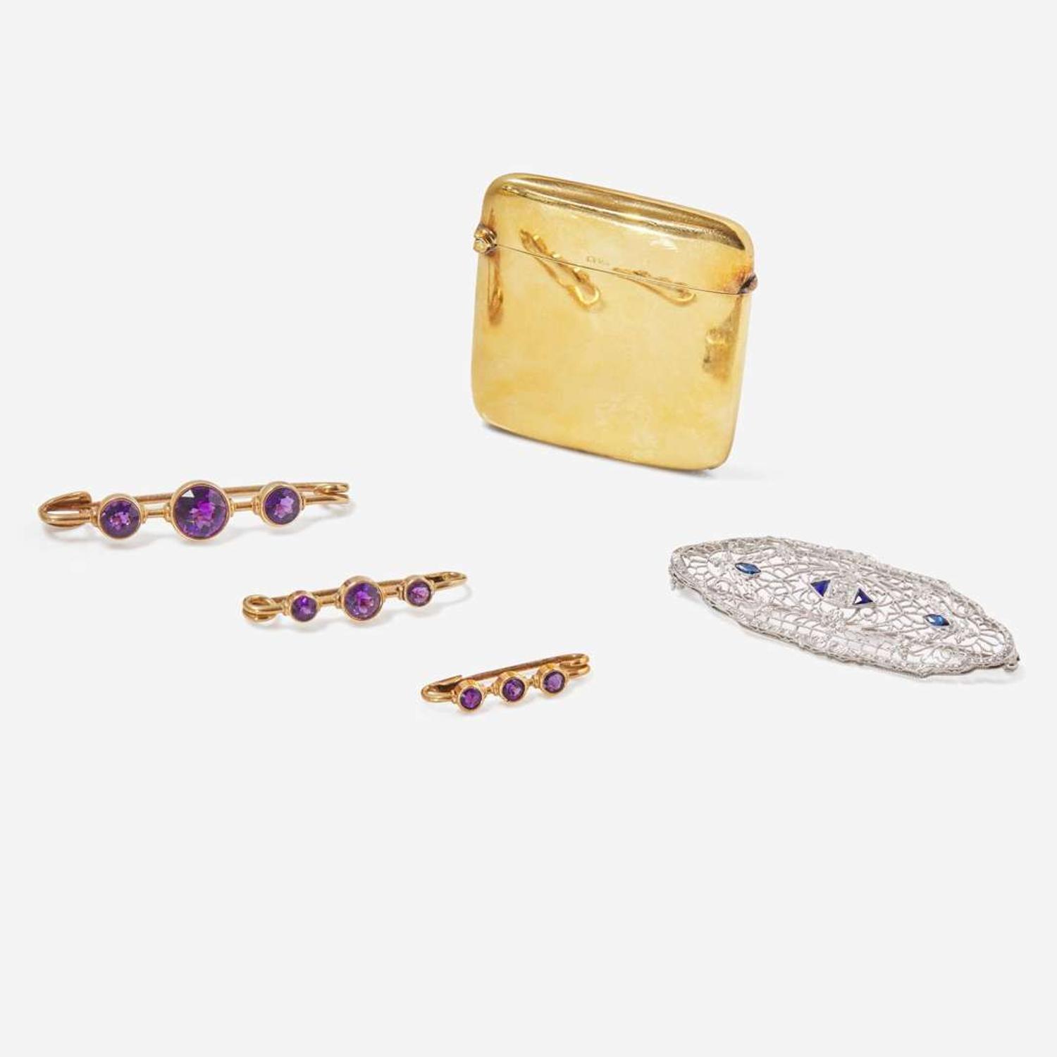 A Collection of Gem-Set Pins and 18K Asprey Match Safe
