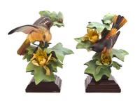 A Pair of Royal Worcester Dorothy Doughty Birds, Baltimore Orioles, Height of taller 9 1/4 inches.