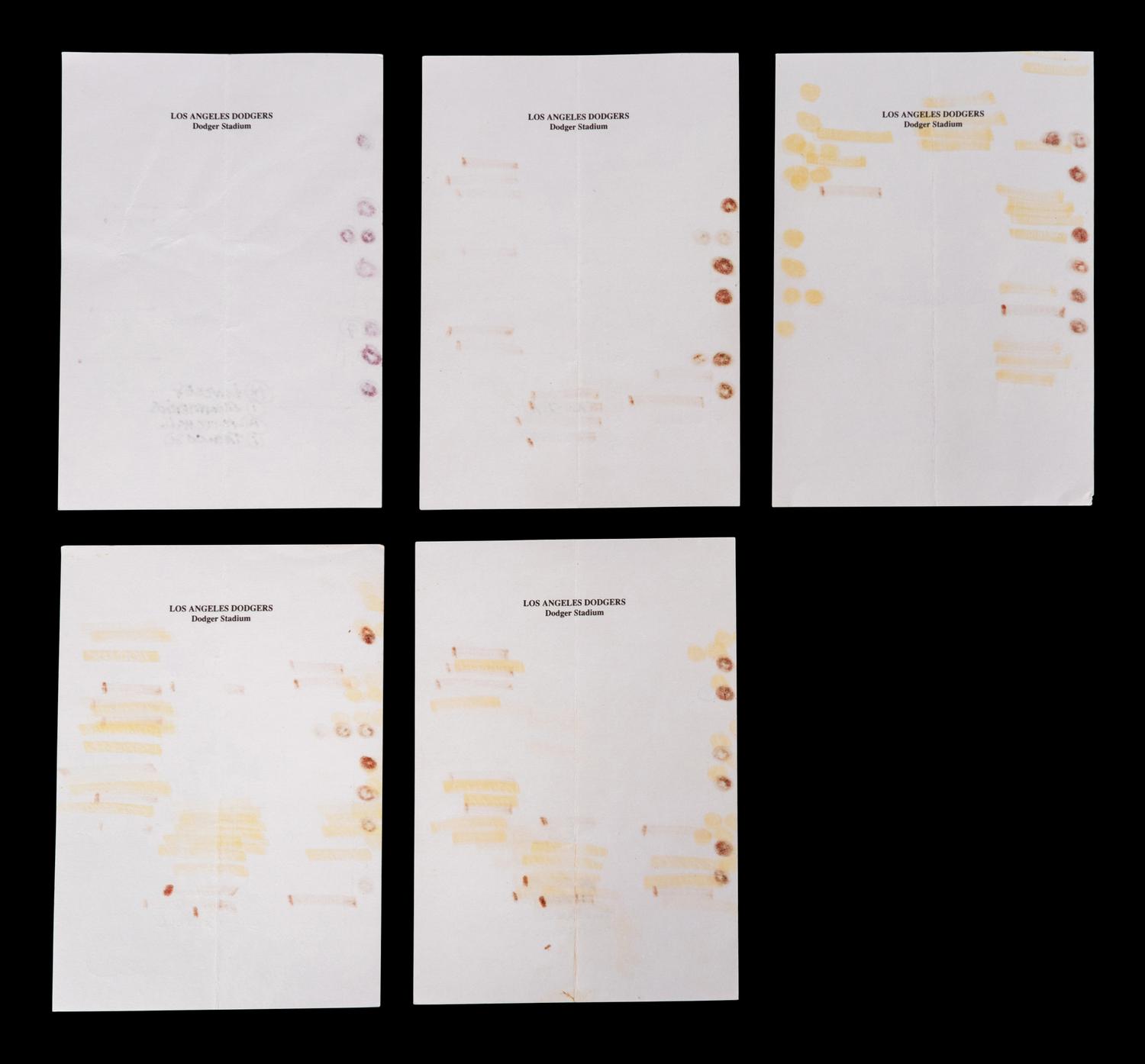 A Group of Five 2010 Joe Torre Signed Autograph Los Angeles Dodgers Umpire Lineup Cards from The Collection of Baseball Hall of Famer Ted Simmons,