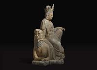 A very large Chinese carved and polychromed wood figure of "Shi Hou Guanyin" 大型獅吼觀音雕塑