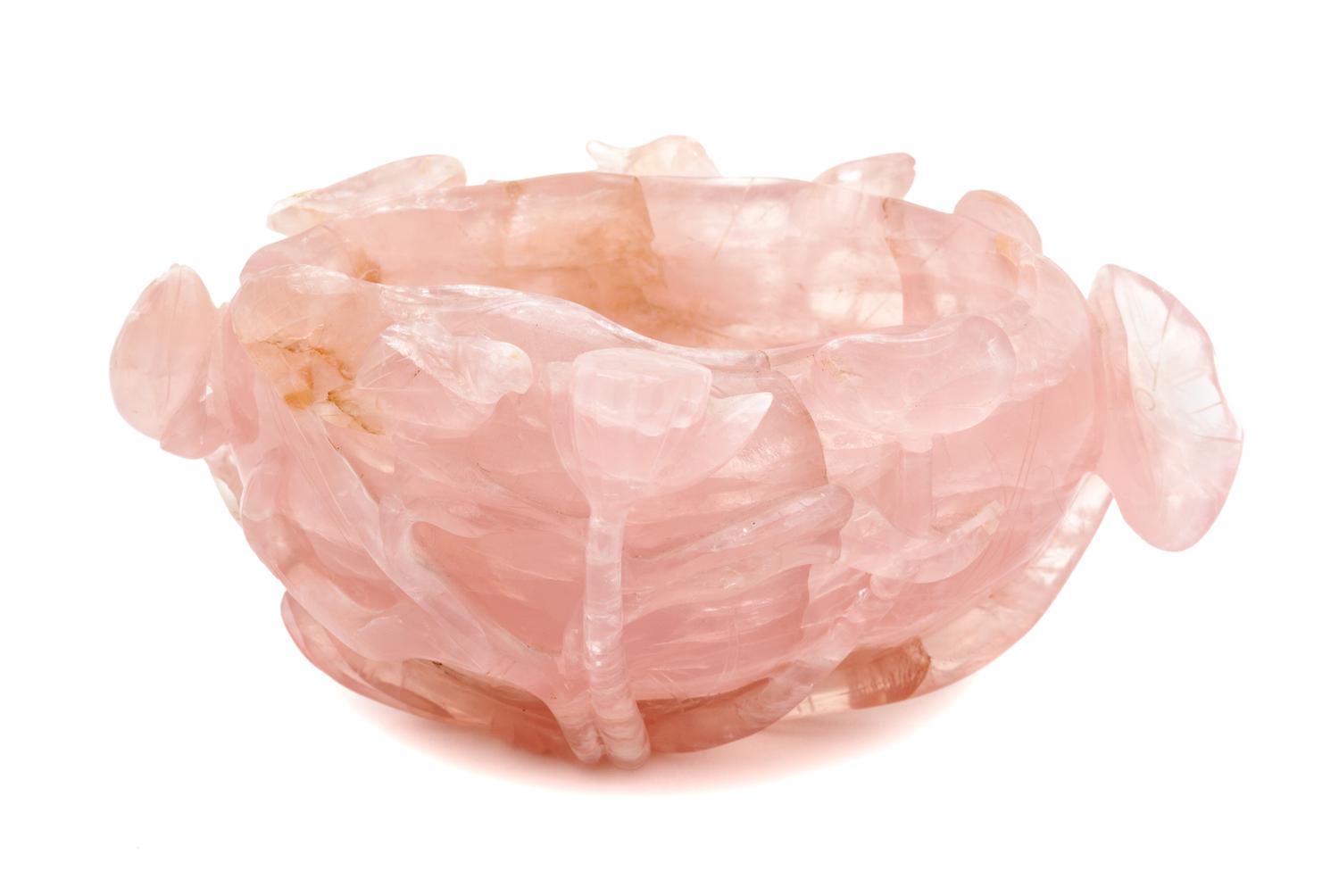 A Chinese Rose Quartz Bowl Height 4 x width 6 1/2 x depth 9 inches.