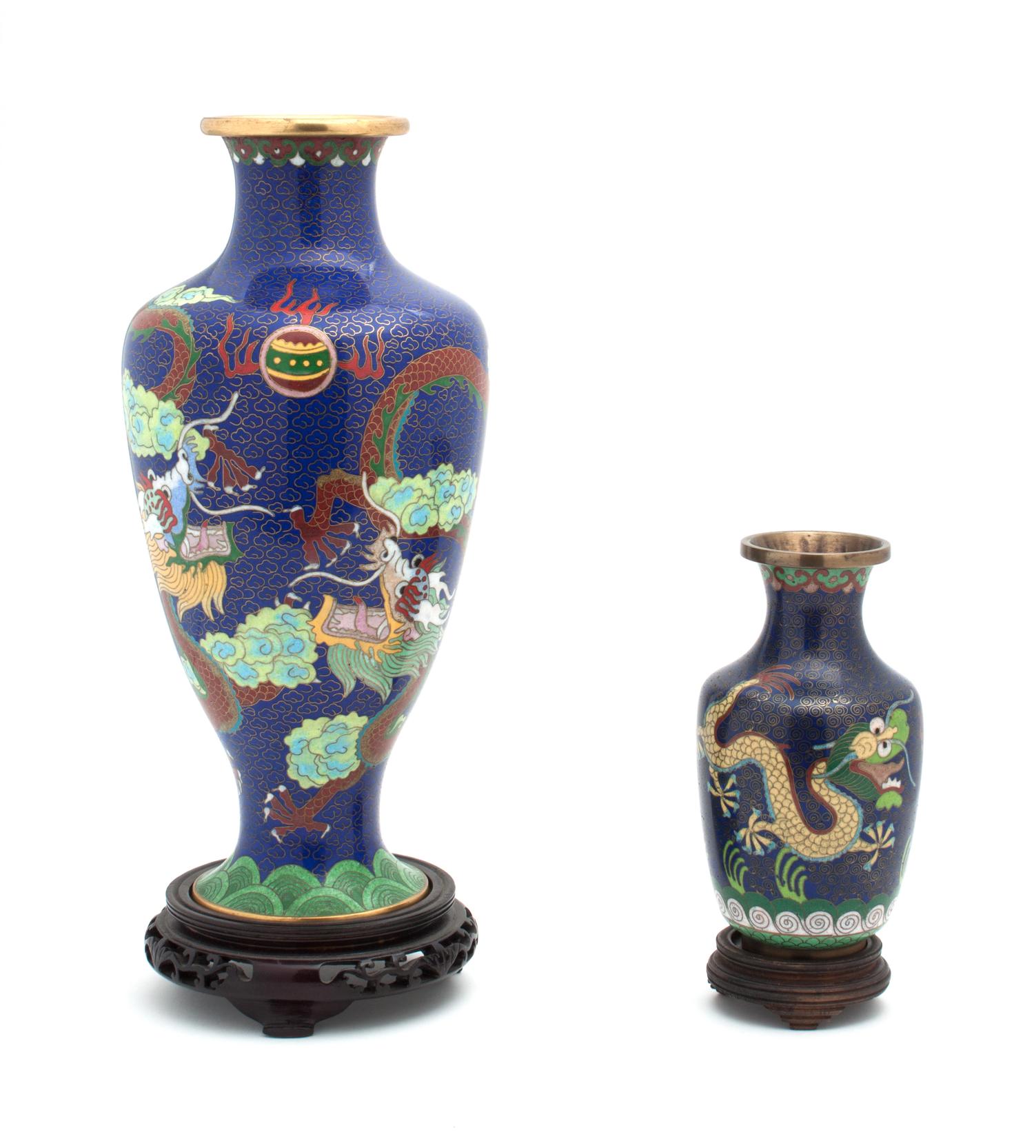 Two Enameled Cloisonne Vases Height of taller 12 1/4 inches.