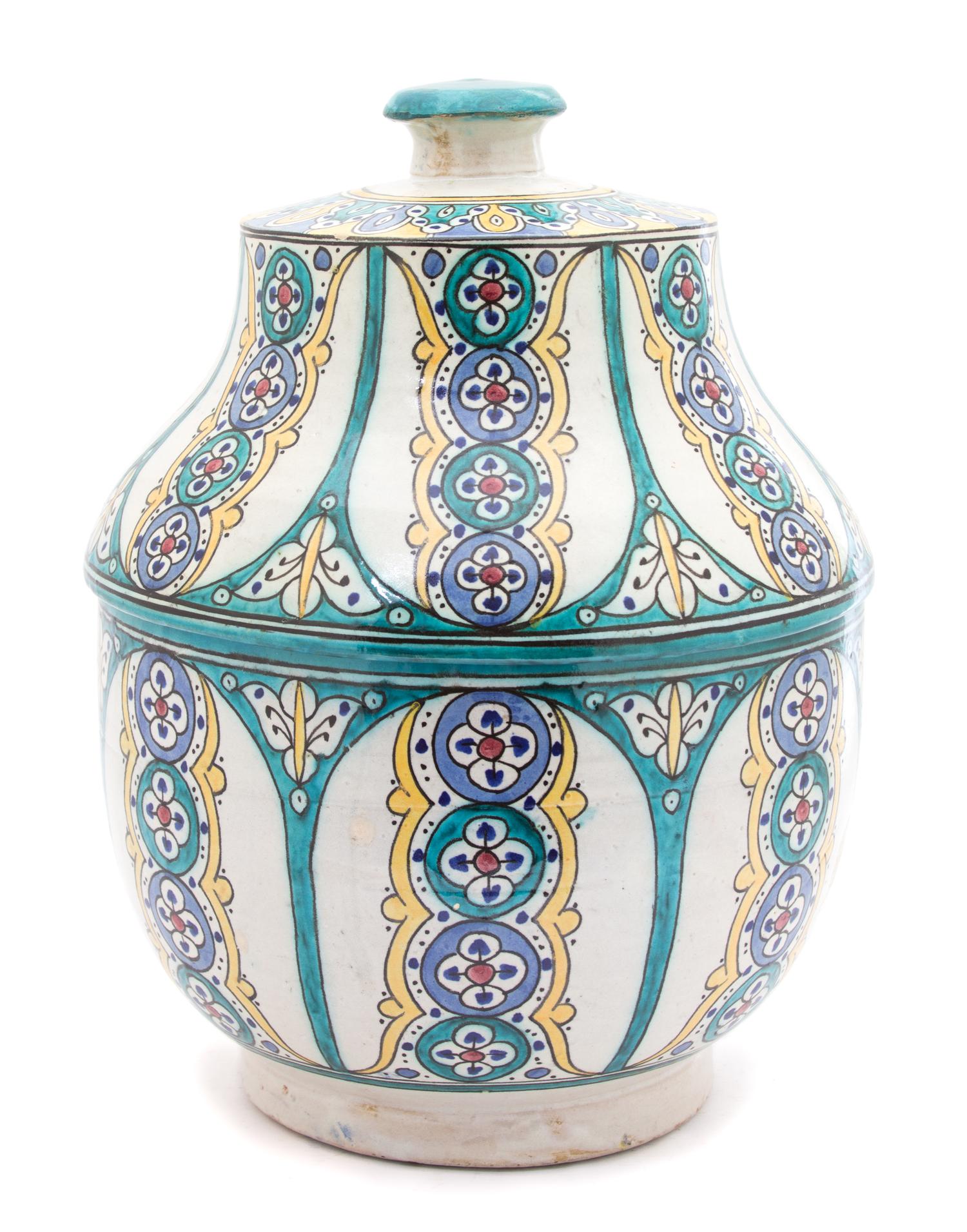 A Middle Eastern Glazed Ceramic Covered Jar Height 15 3/4 inches. — LATE 19TH/EARLY 20TH CENTURY