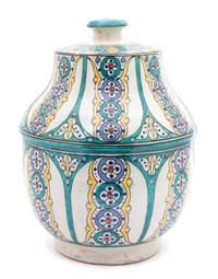 A Middle Eastern Glazed Ceramic Covered Jar Height 15 3/4 inches. — LATE 19TH/EARLY 20TH CENTURY