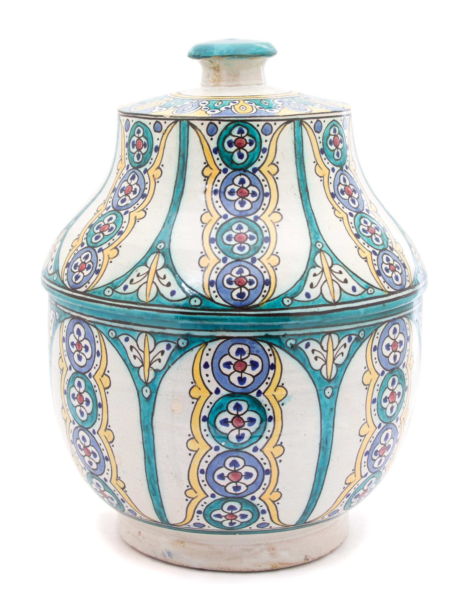 A Middle Eastern Glazed Ceramic Covered Jar Height 15 3/4 inches. — LATE 19TH/EARLY 20TH CENTURY