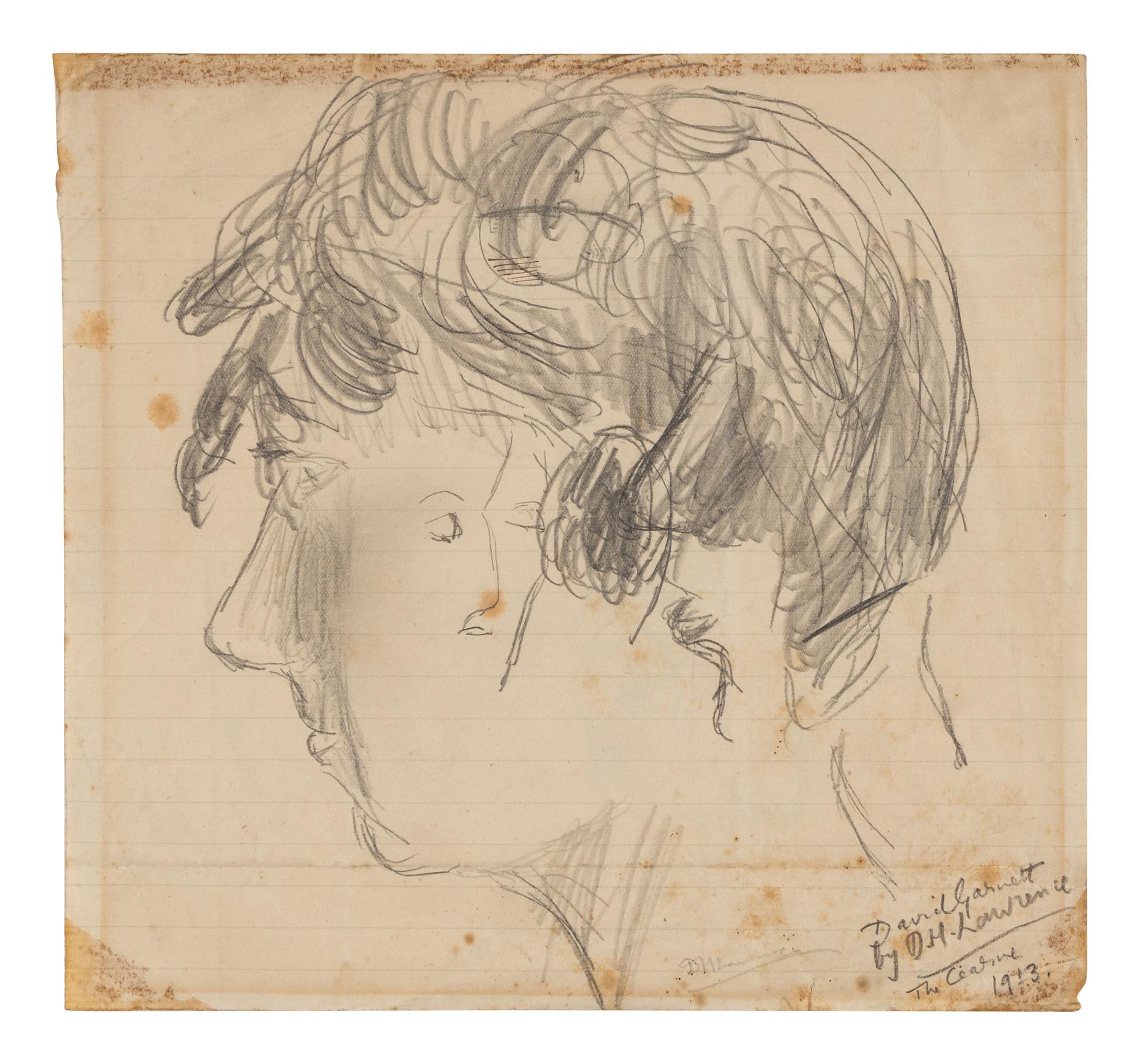 LAWRENCE, D. H. (1885-1930). Original pencil drawing, a profile head study of David Garnett, signed in pencil, 1913.