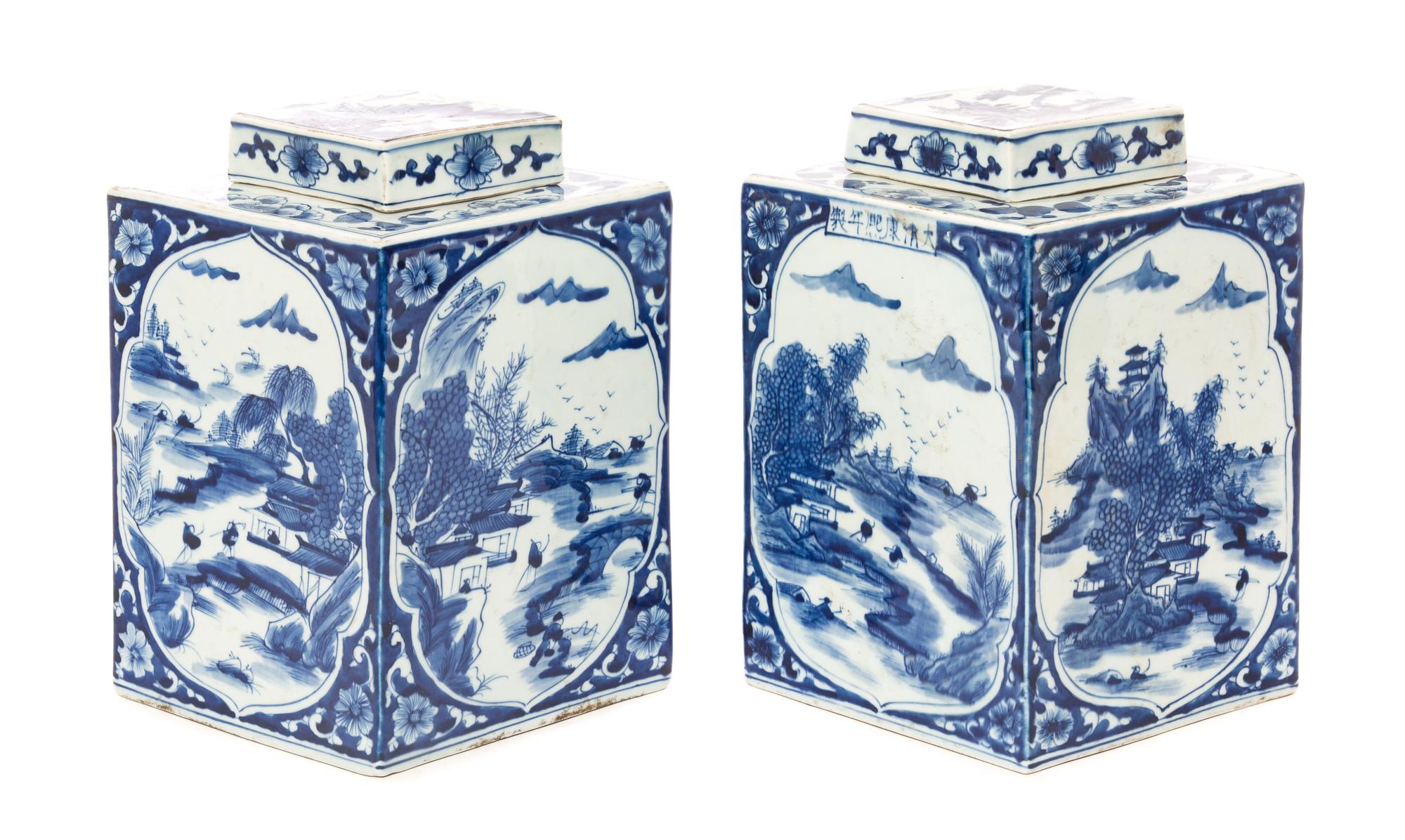 A Pair of Chinese Blue and White Porcelain Covered Jars Height 12 inches.