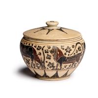 A Corinthian Pottery Lidded Pyxis with Animal Procession