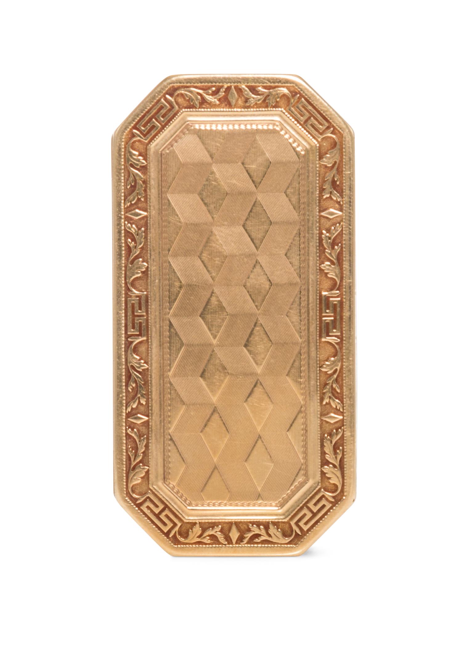 A French Yellow Gold Patch Box, 18th/19th Century, of rectangular form with canted corners, the borders decorated in alternating foliat