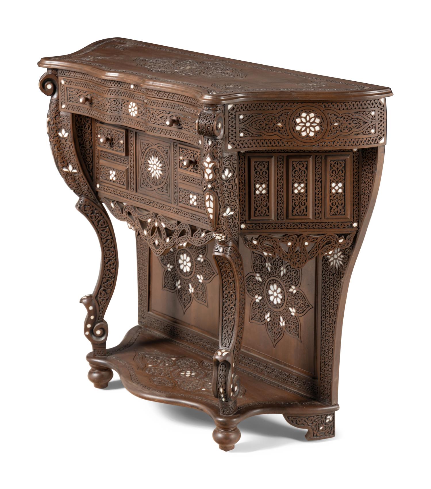 A Syrian Mother-of-Pearl Inlaid Carved Walnut Console Table