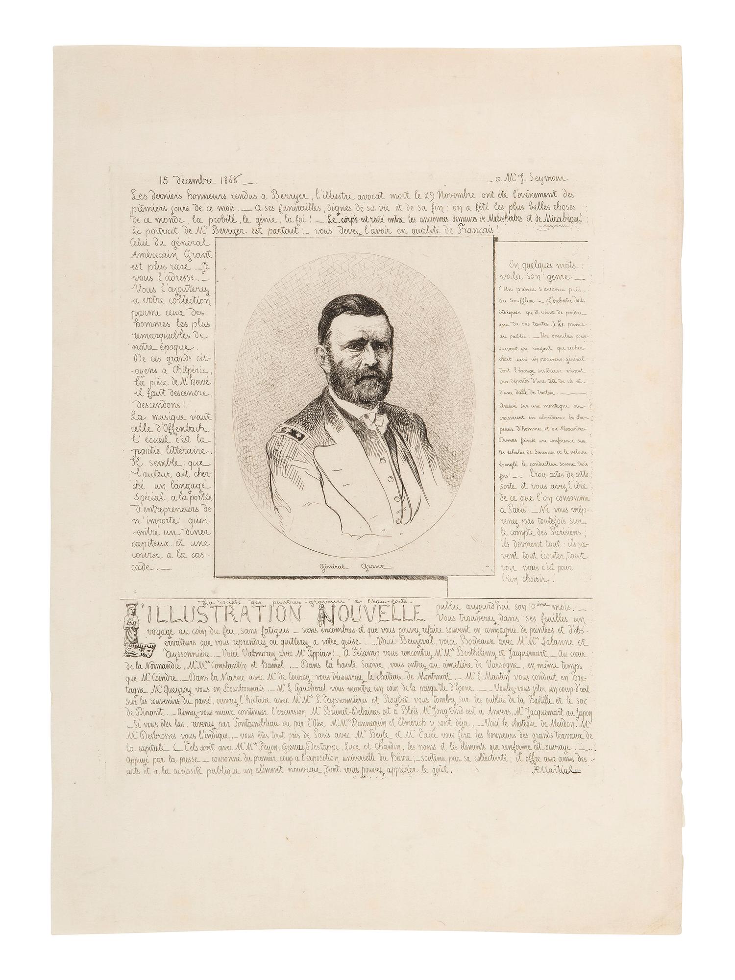 [GRANT, U.S.] 1868 photolithographic etching of Grant in military dress with announcements in French