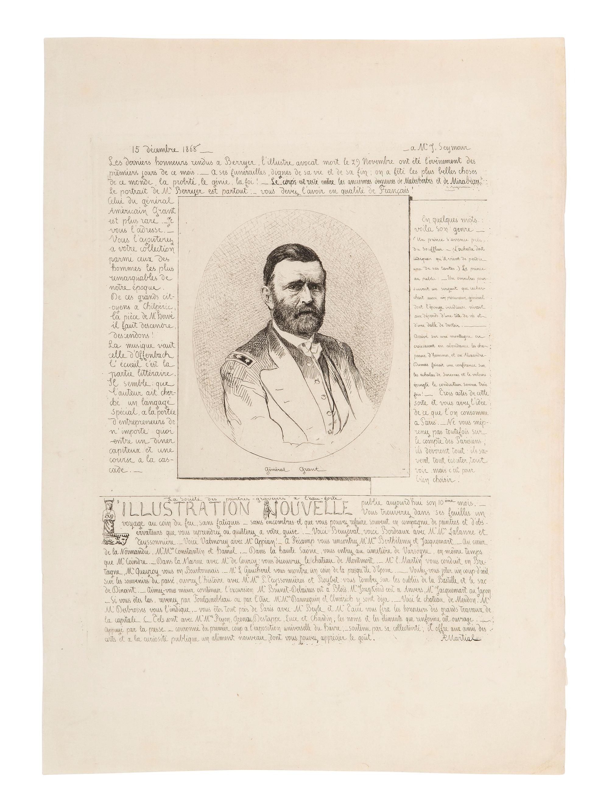 [GRANT, U.S.] 1868 photolithographic etching of Grant in military dress with announcements in French
