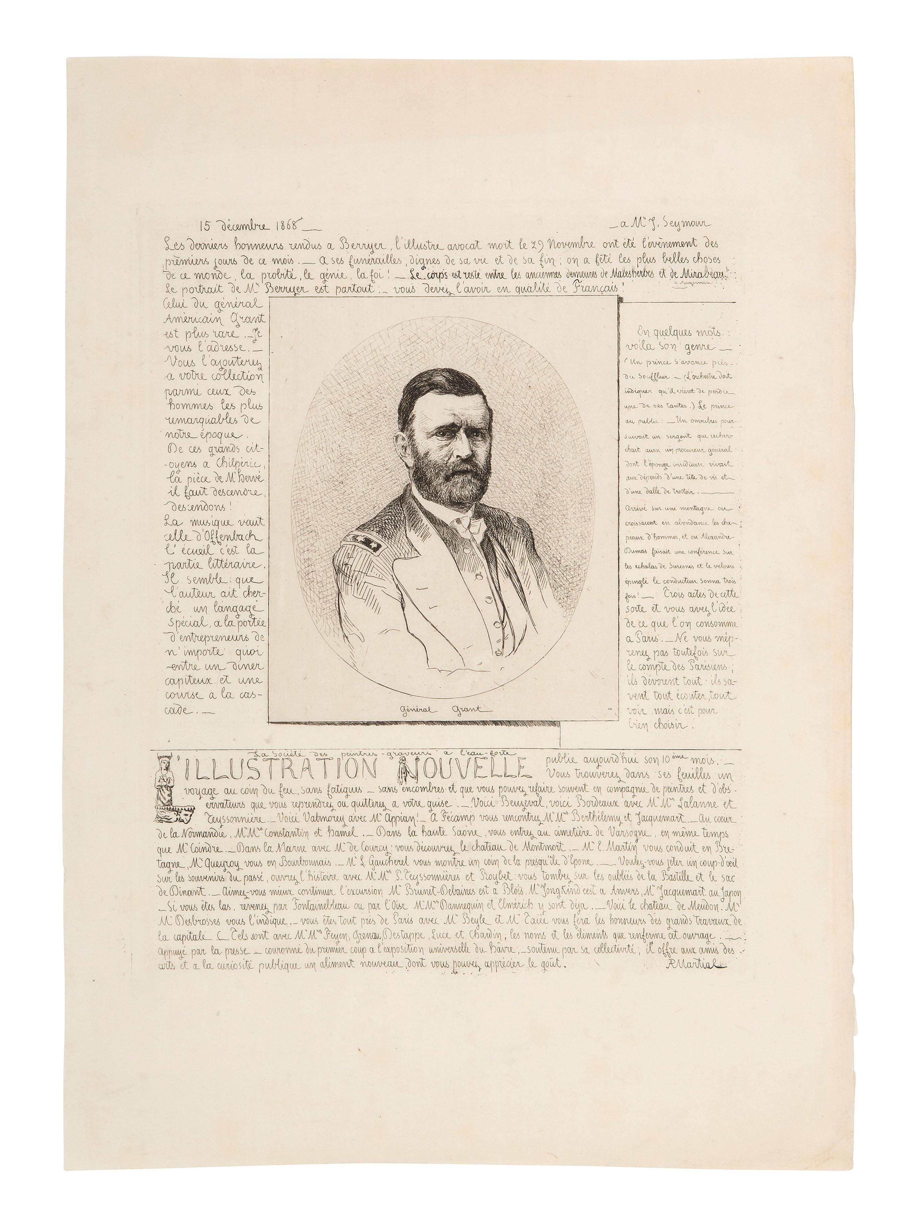 [GRANT, U.S.] 1868 photolithographic etching of Grant in military dress with announcements in French
