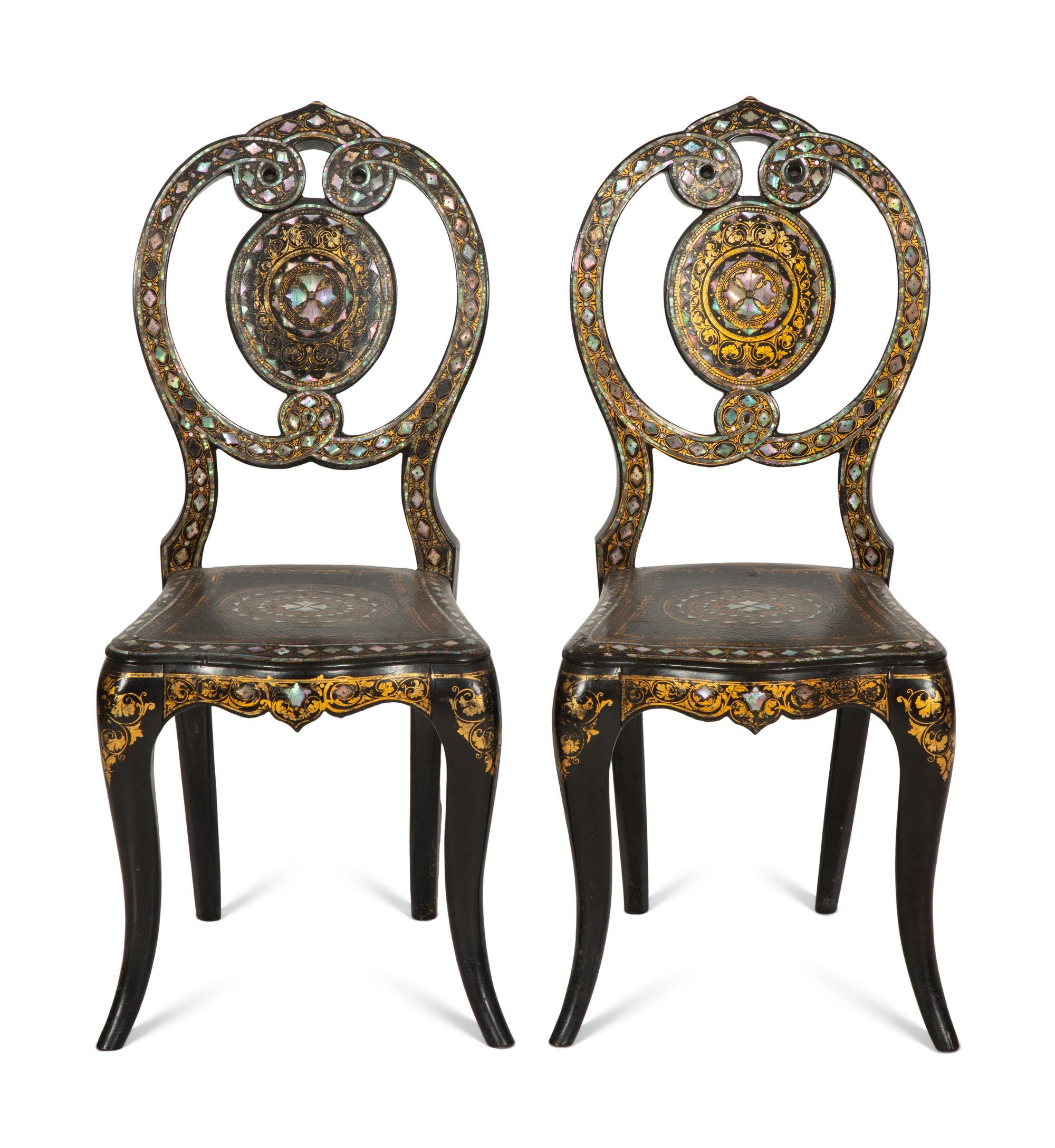 A Pair of Victorian Mother-of-Pearl Inlaid Black Lacquer Side Chairs