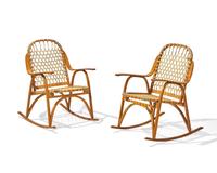 A Pair of Lacquered Fruitwood and Rawhide 'Snowshoe' Rocking Chairs