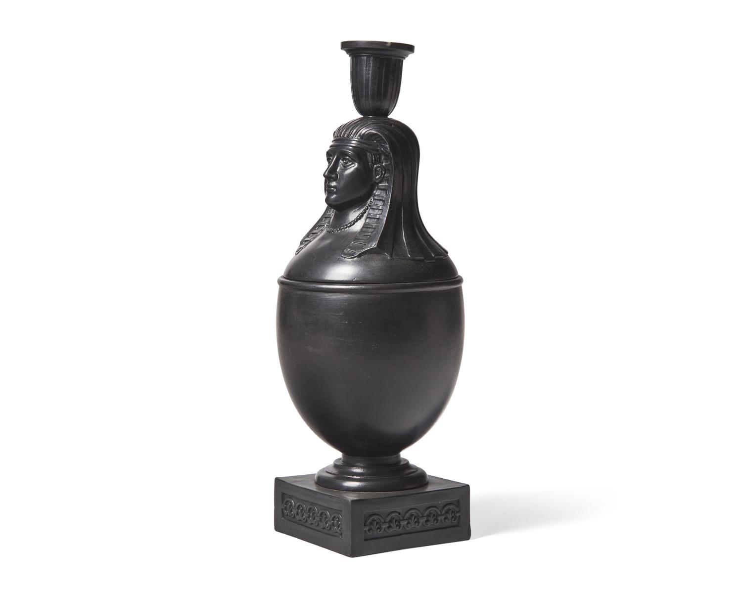 A Wedgwood & Bentley-Type Black Basalt Canopic Jar Candleholder