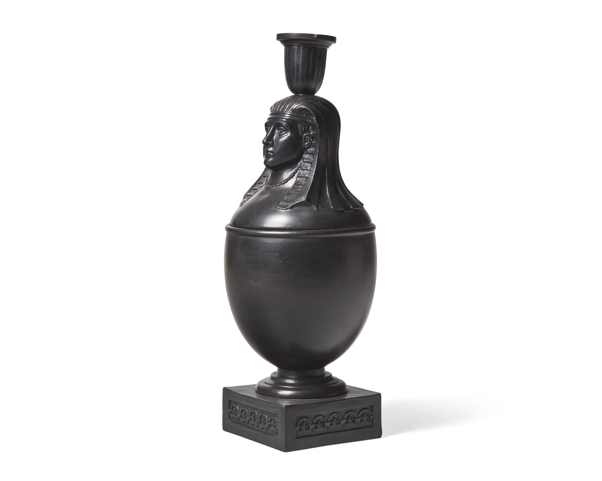 A Wedgwood & Bentley-Type Black Basalt Canopic Jar Candleholder