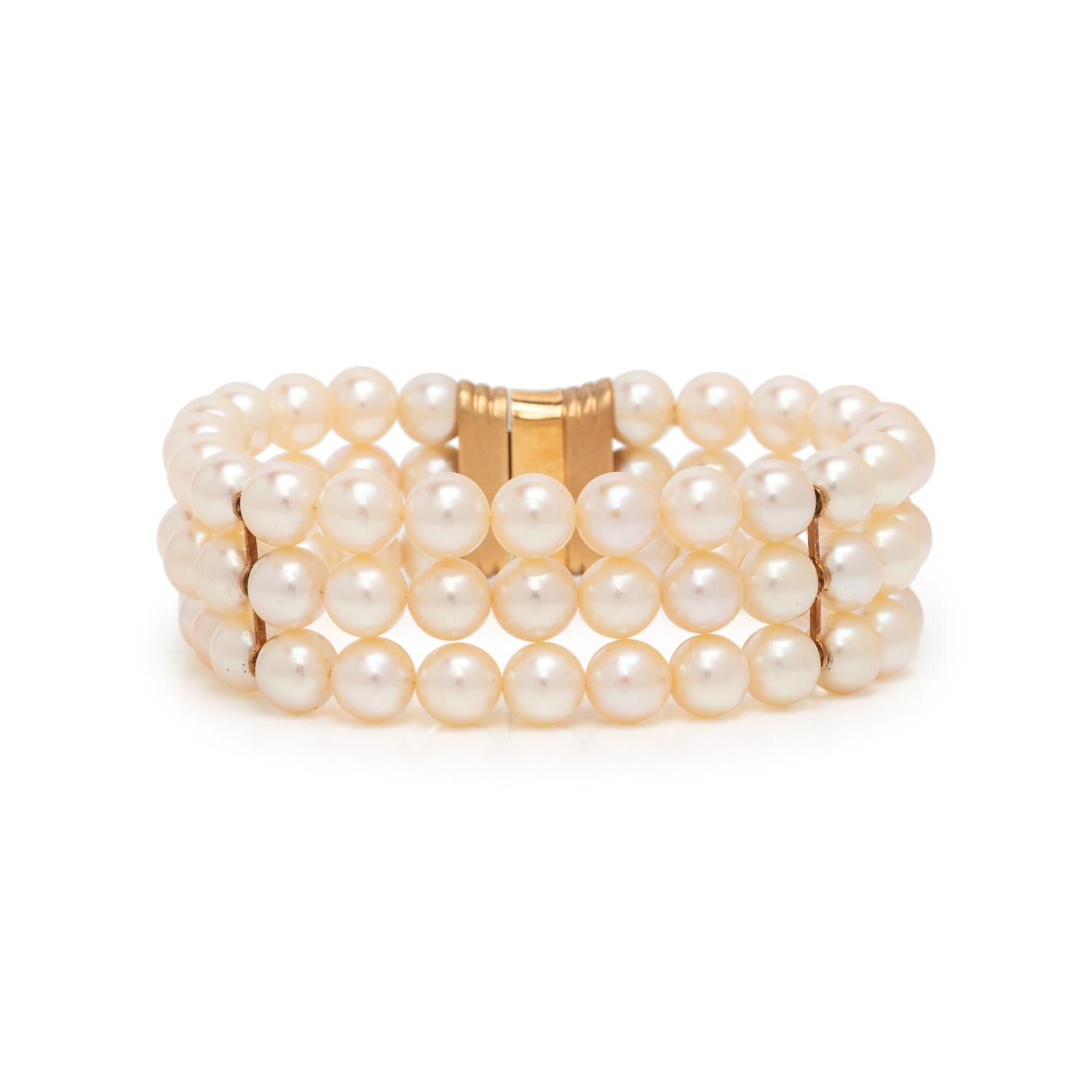 CULTURED PEARL, DIAMOND, AND YELLOW GOLD MULTISTRAND BRACELET