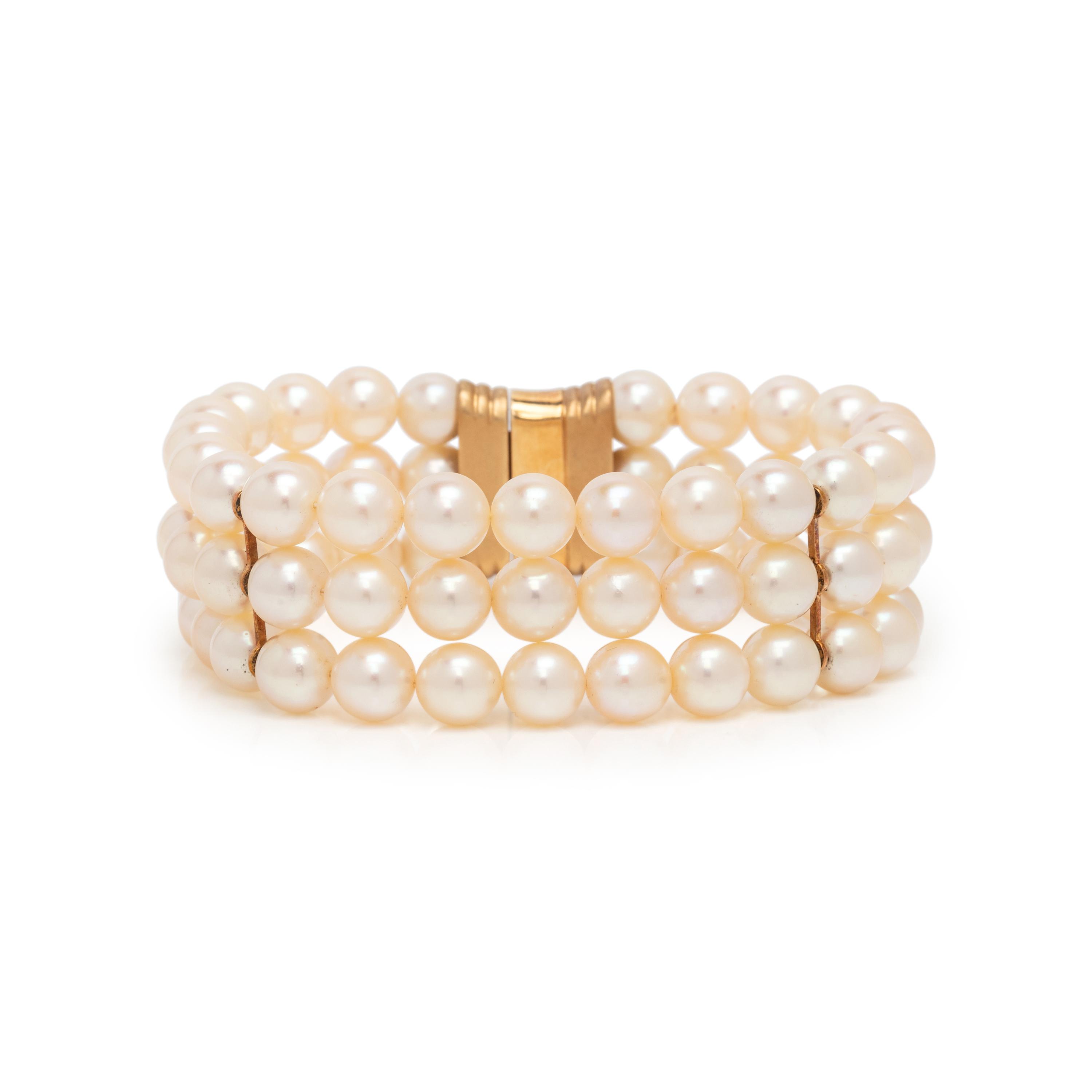 CULTURED PEARL, DIAMOND, AND YELLOW GOLD MULTISTRAND BRACELET