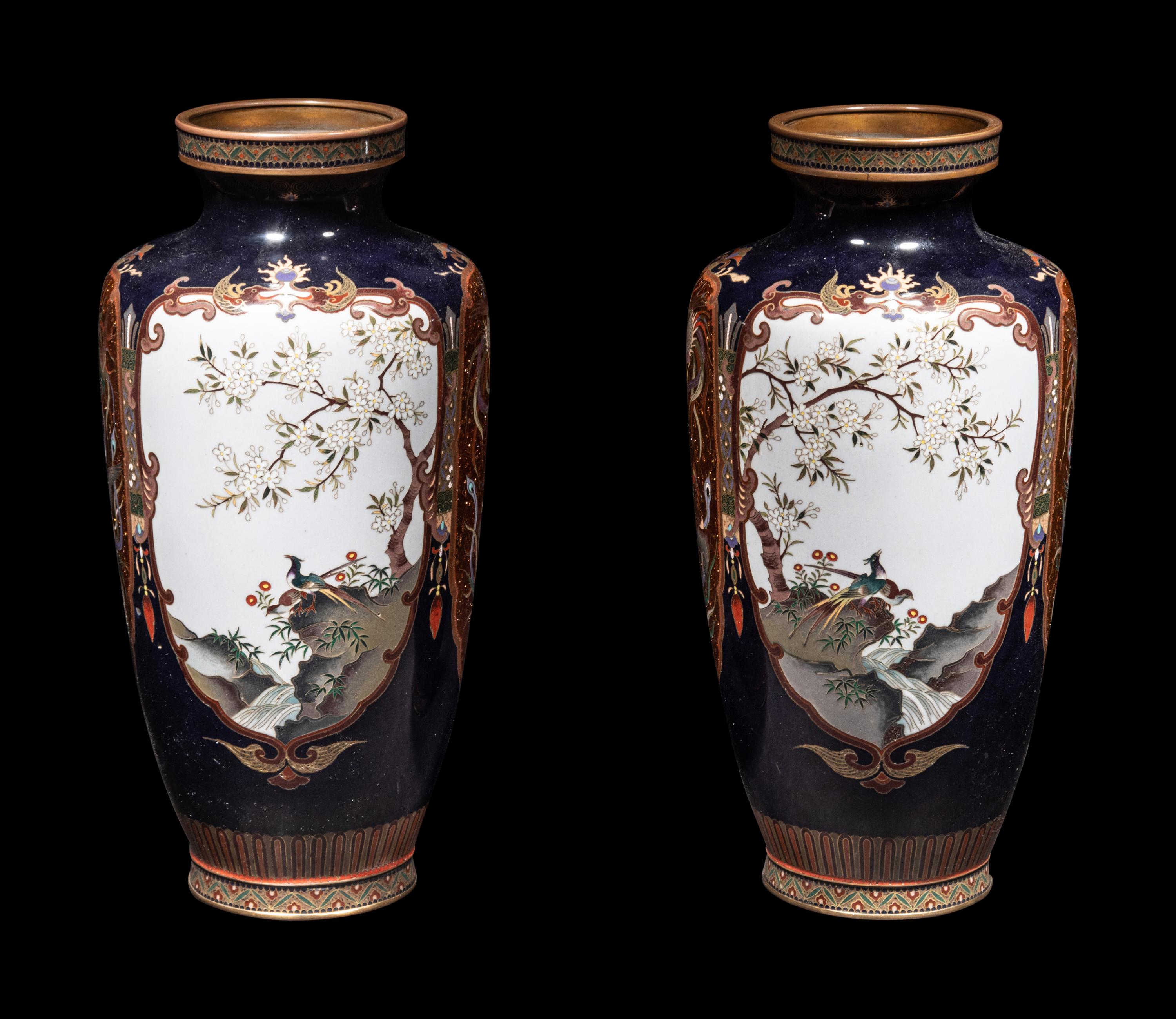 A Pair of Midnight Blue Ground Cloisonné Vases