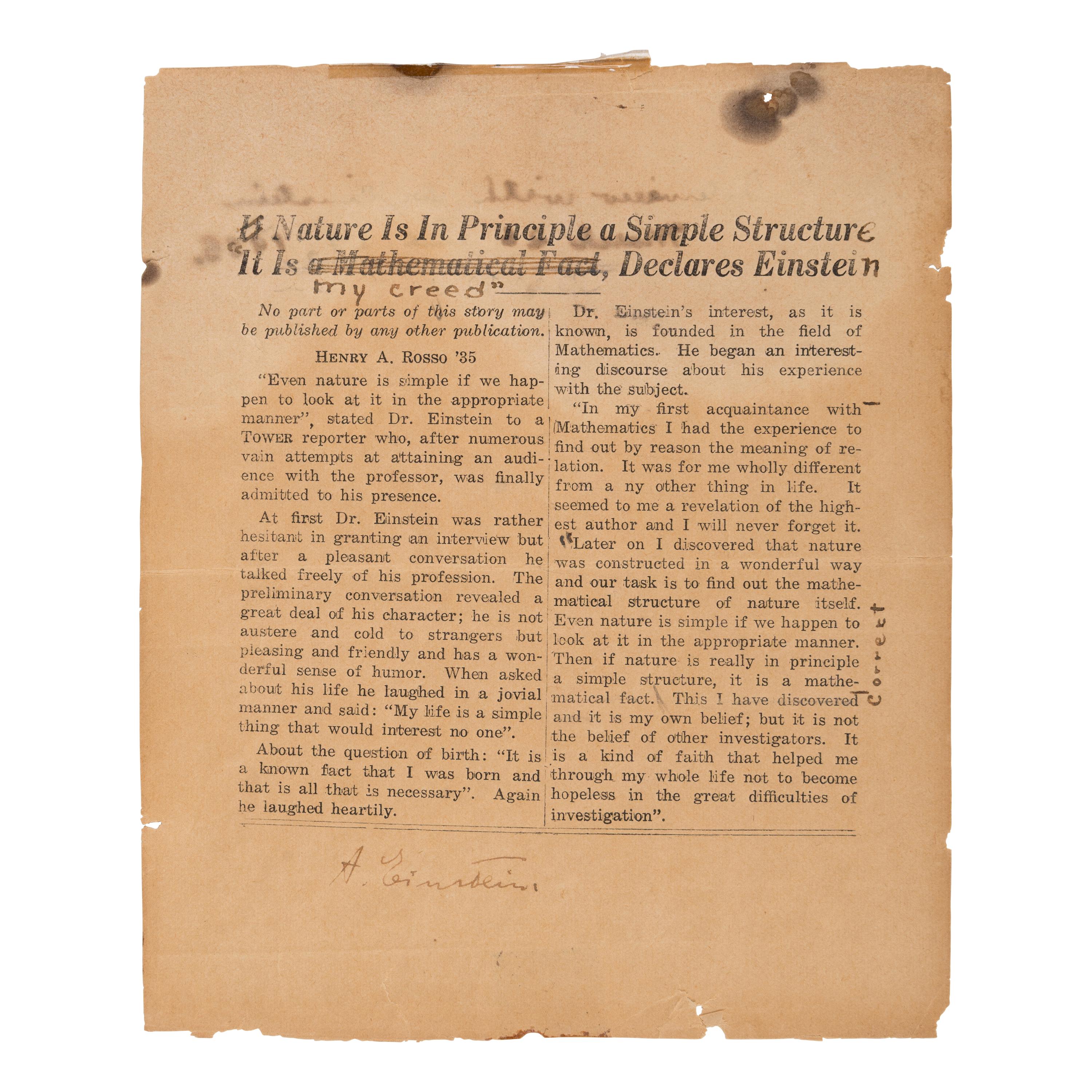 [Einstein, Albert (1879-1955)]. Rosso, Henry A. (1917-1999). Clipped article, headlined "If Nature Is In Principle a Simple Structur[e] / It Is a Mathematical Fact, Declares Einstein," signed ("A. Einstein"), April 1935.