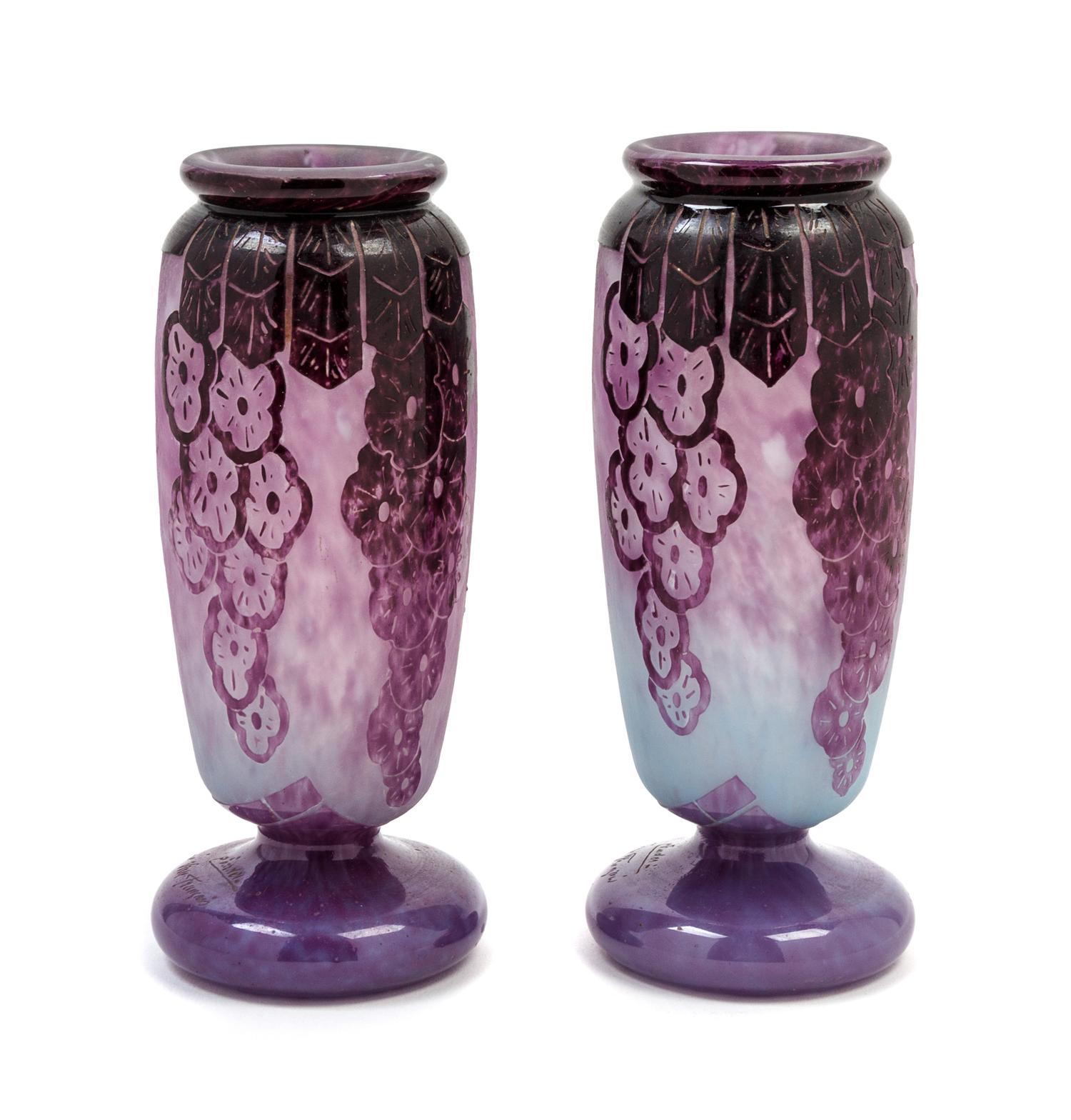 A Pair of Le Verre Francais Cameo Glass Vases Height 6 5/8 inches.
