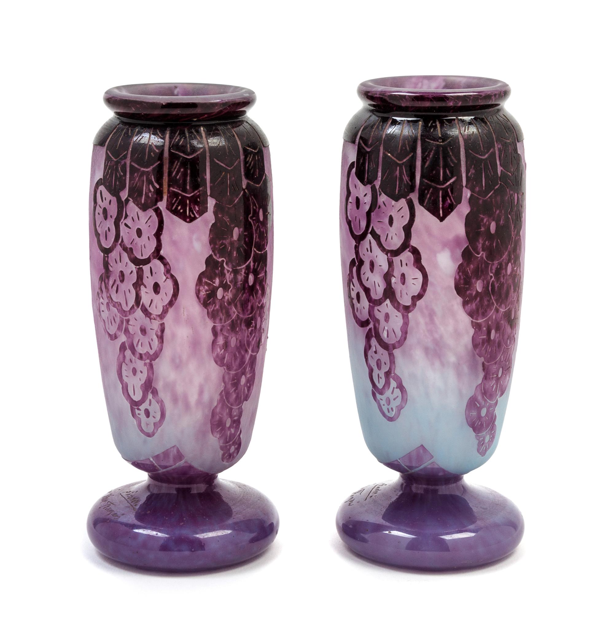 A Pair of Le Verre Francais Cameo Glass Vases Height 6 5/8 inches.