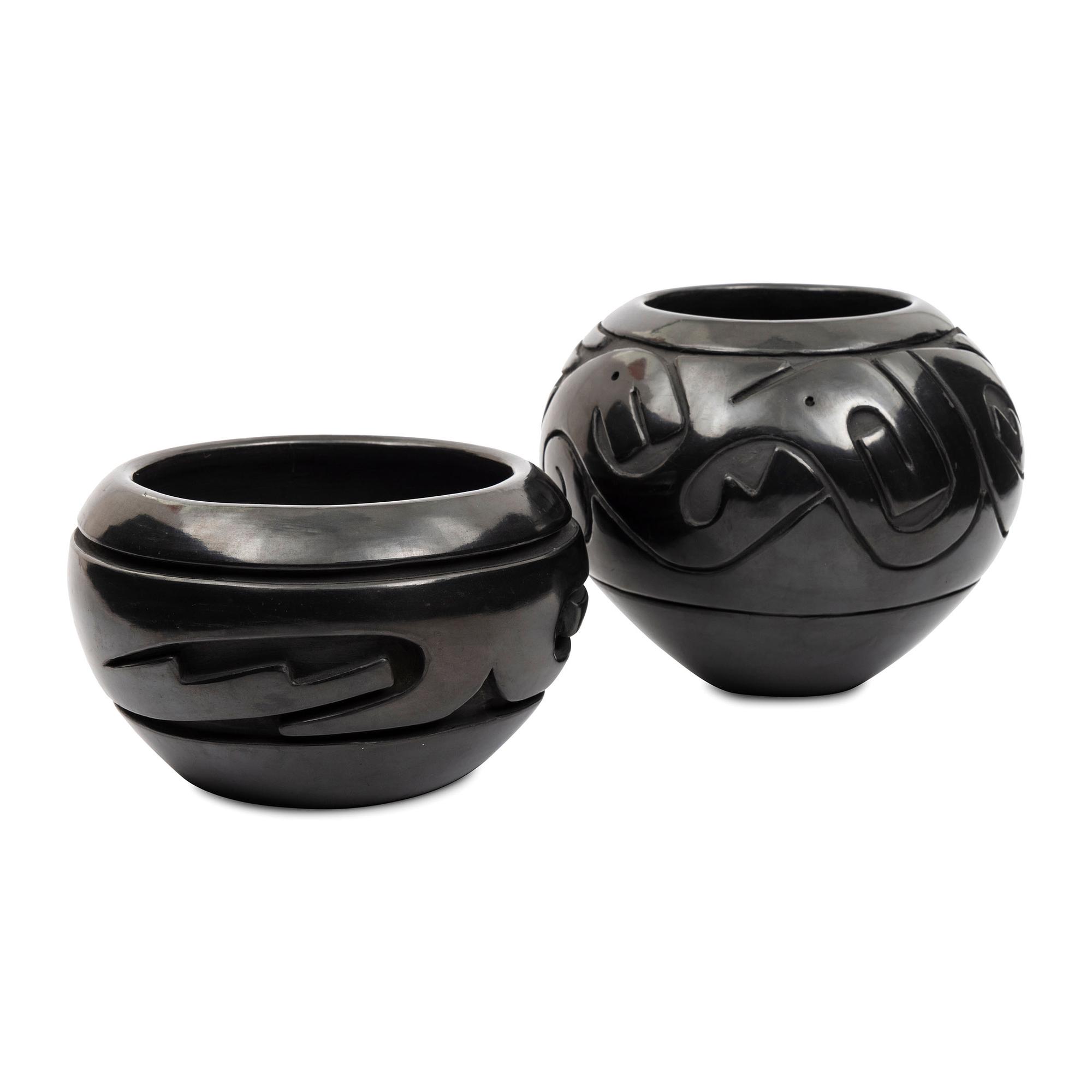 Carved Blackware Jars, one with Avanyu