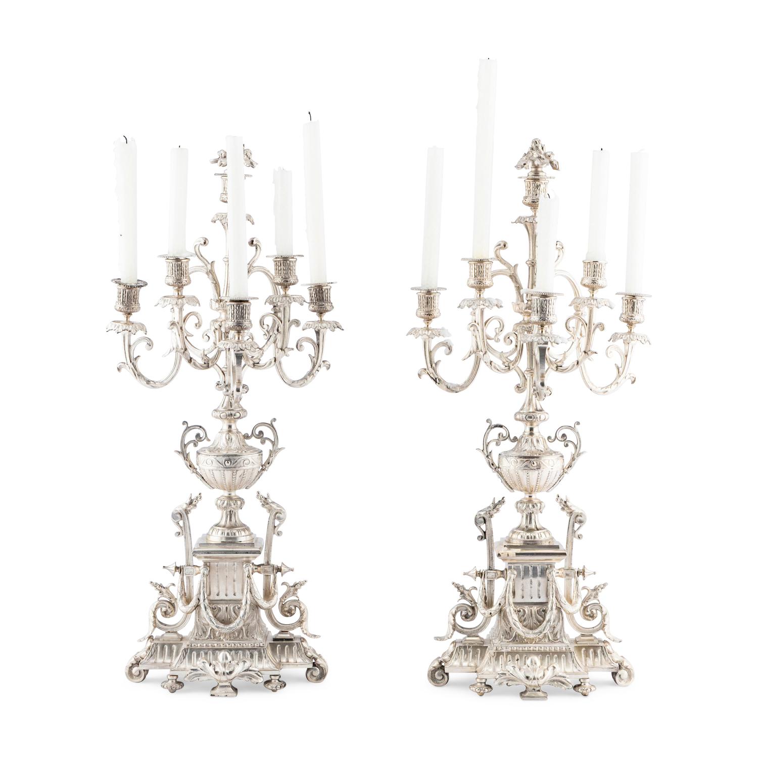 A Pair of Napoleon III Silvered Bronze Six-Light Candelabra
