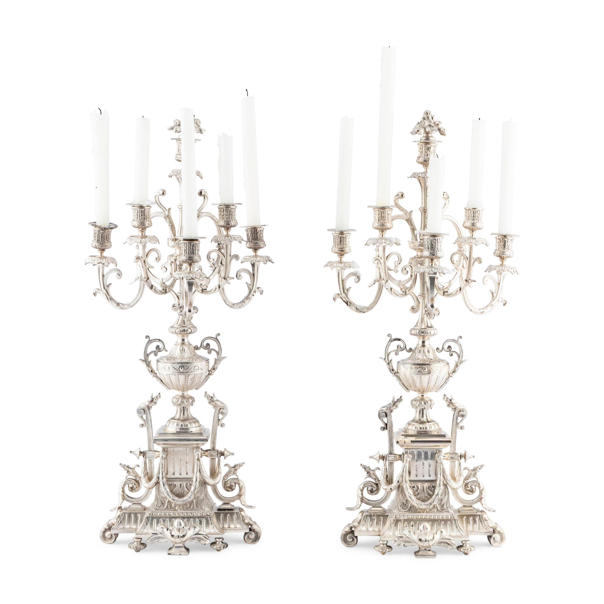 A Pair of Napoleon III Silvered Bronze Six-Light Candelabra