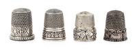 Four American Silver Thimbles, Simons Bros., Philadelphia, PA, compsiring a Holly & Bells restrike example; an example having a floral